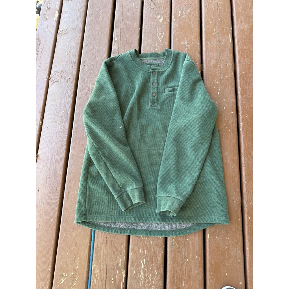 LL Bean Katahdin Iron Works Henley Fleece Lined Waffle Knit Green XLT 298104